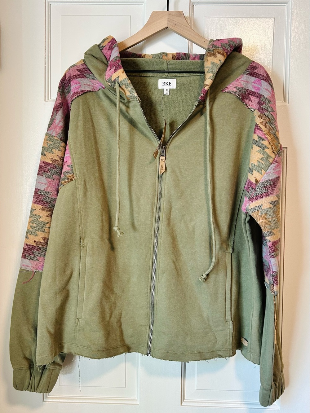 NWT BKE Deep Lichen Green Southwestern Pieced Full Zip Hoodie M - Picture 2 of 8